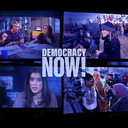 Multiple screens with the Democracy Now logo. Link to Gifts from Retirement Plans